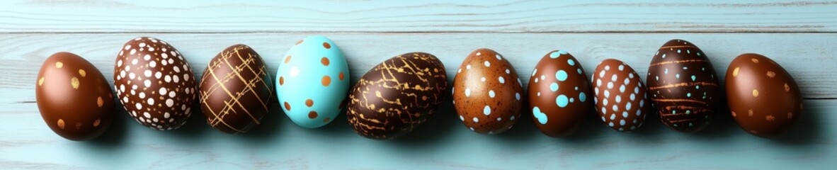 Colorful Easter eggs displayed on a wooden surface for festive decorations and celebrations