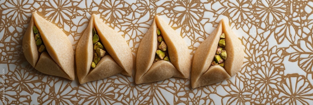Poster traditional sweets arranged on decorative background showcasing intricate design and delicious filli