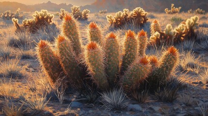 Sunset illuminates a cluster of cholla cacti in the desert