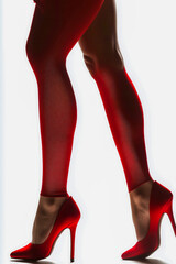 close-up of a woman's legs wearing red stockings and red high-heeled shoes. The background is plain white, emphasizing the vibrant red color and the elegance of the pose
