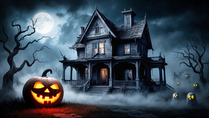 Eerie atmospheric scene of a hounted house. Halloween theme.