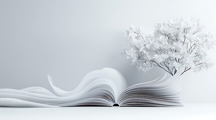White tree growing from open book pages, on white background; education, growth concept