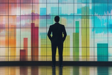 Fototapeta premium Businessman analyzing a rising bar graph on a grid background for financial insights