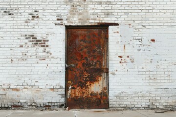 White brick wall with old rustic door in european city. Detailed photo textured background