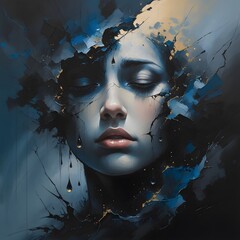 Artistic depiction of despair and depression, featuring an emotional abstract portrait with moody colors, dramatic contrasts, and expressive details for creative and therapeutic themes.