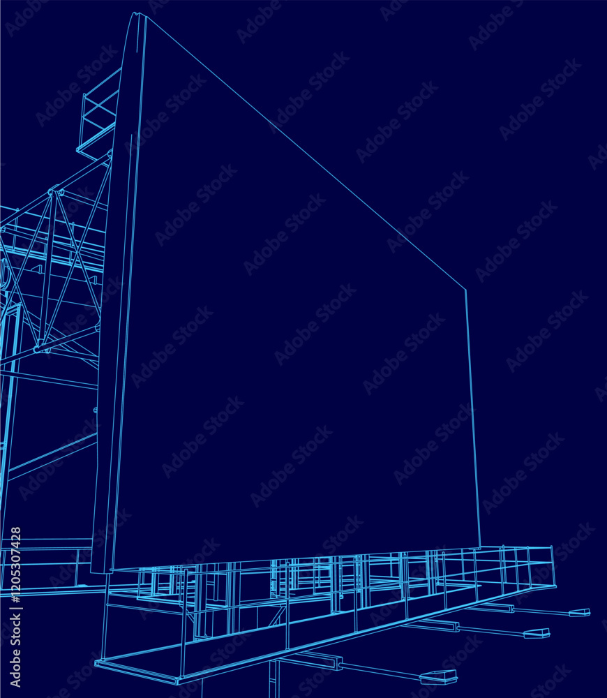 Aufkleber blue drawing of a large building with a large screen on the side. the drawing is in blue and has a f