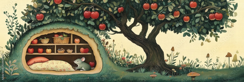 Aufkleber cozy mouse rests inside burrow beneath apple tree with baskets filled with fruits and plants around.
