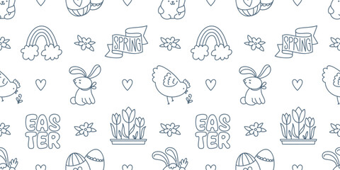 Easter hand-drawn doodle seamless pattern. Cute black and white spring symbols chickens, rabbits, eggs and flowers
