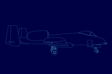 Blue airplane is shown in a blue drawing. The airplane is a fighter jet and is shown in a stylized way. Scene is one of excitement and adventure, as the airplane is designed to be fast