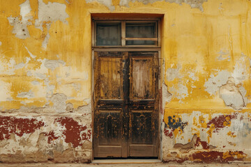 Fototapeta premium Yellow concrete wall with old wooden door in european city. Detailed photo textured background