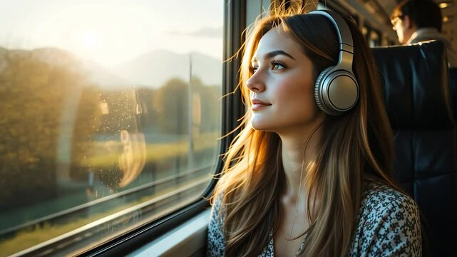 woman listening music in the train
