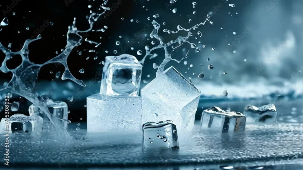 Poster ice cubes splashing into water create dynamic motion with droplets and reflections in an engaging, v
