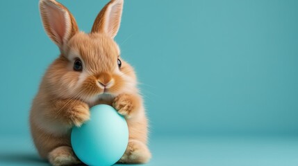 Fototapeta premium Stylish fashionable Easter bunny holding a blue egg on a bright background with ample copy space