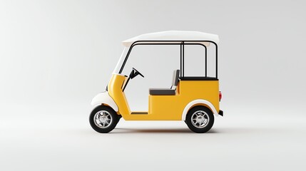 Obraz premium Minimalist yellow electric golf cart on white background, perfect for transport and mobility concepts.