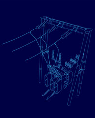 Blue drawing of a power line with a power station in the middle. The drawing is in blue and is very detailed