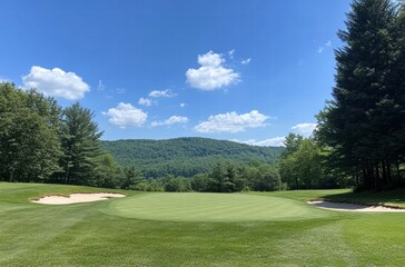Obraz premium A golf course with a green grassy area and a tree in the background