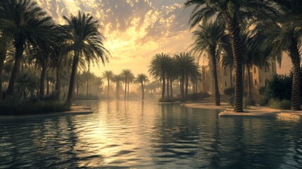 Serene Oasis Sunset Palm Trees Ancient Building Canal