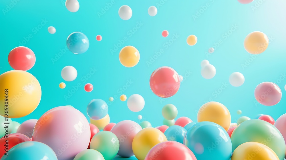 Poster 3d rendering. colorful balls floating in the air. abstract background.