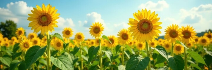 Fototapeta premium Bright yellow sunflowers in a field, with tall stalks and large petals, stretching towards the sky , sunflowers, bright yellow, nature