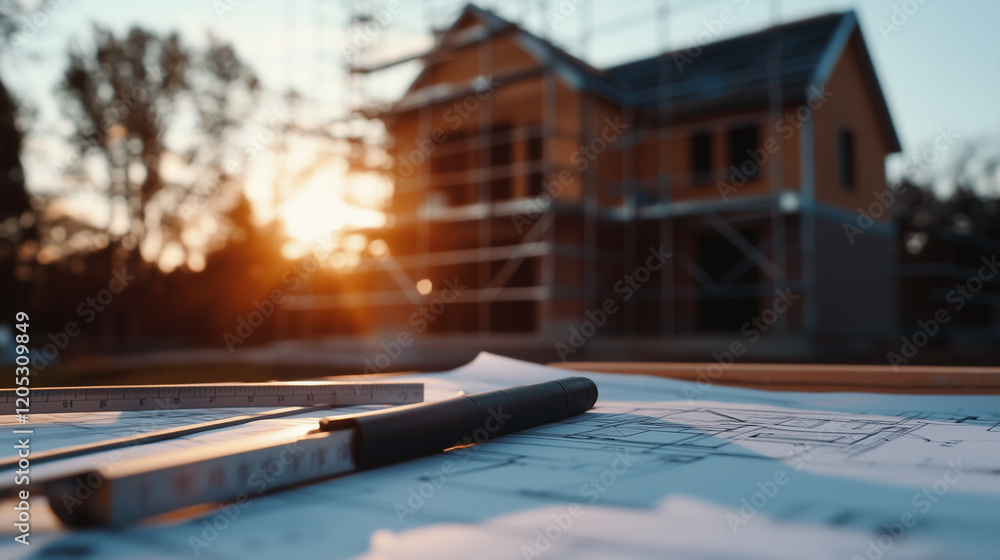 Poster a detailed blueprint spread across a table with tools like rulers and compasses, while a partially b