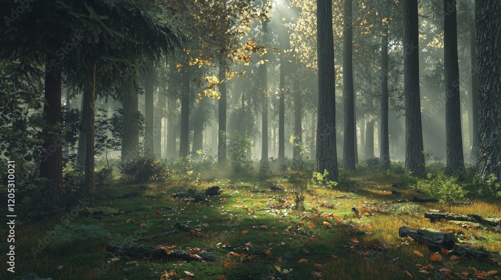 Poster serene coniferous forest sunlight streams through canopy, creating golden patterns on mossy ground
