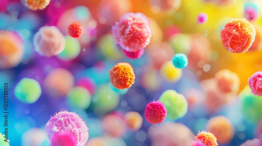 Poster colorful 3d rendering of fluffy balls floating in the air against a blurred gradient background.