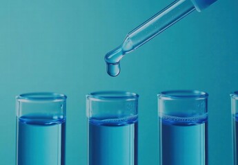 A blue liquid is being poured into a series of test tubes
