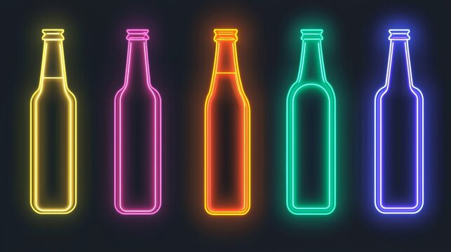 Five vibrant neon beer bottle illustrations, perfect for bar signage or brewery advertising design projects.