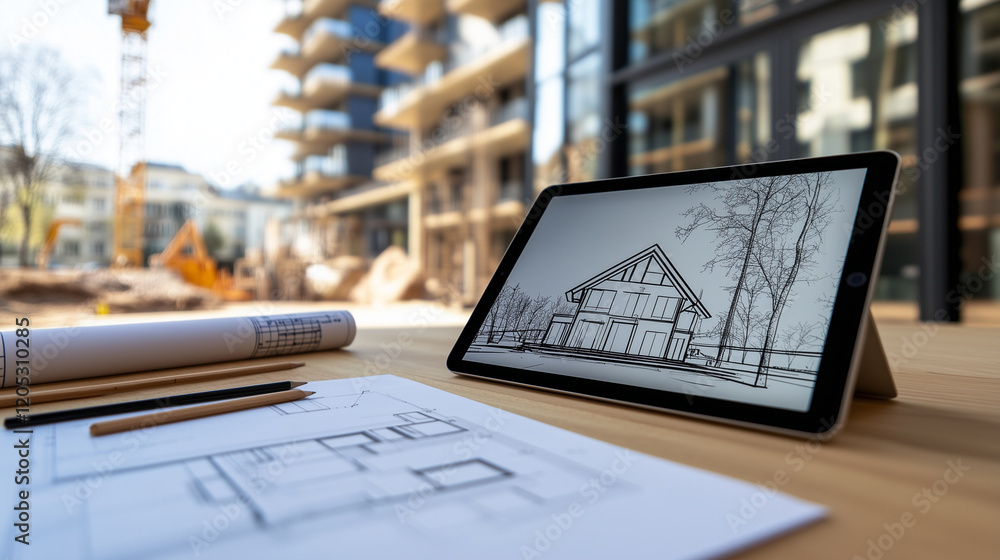 Poster blueprints rolled up beside a tablet displaying a 3d house model, with a real-life construction site