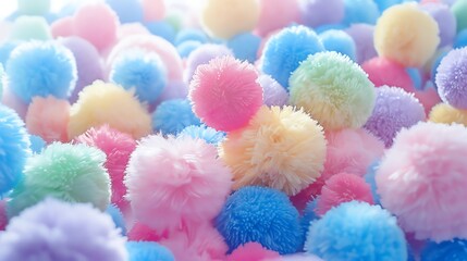 Colorful fluffy pom poms of different sizes. Soft pastel colors. Abstract gentle background.