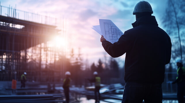 A dynamic construction site scene where an architect points to blueprints while builders work on the skeletal framework of a house