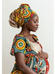 Woman wearing a colorful head scarf and a colorful dress