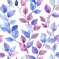 Watercolor Leaves: Elegant Purple and Blue Botanical Design, Seamless Pattern for Print & Digital Use
