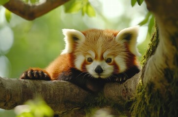 A baby red panda is resting on a tree branch