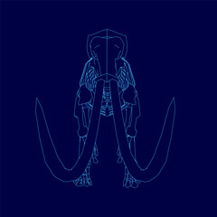 Blue drawing of an elephant's head with a large tusk. The drawing is of a skeleton and the tusk is shown in a blue color