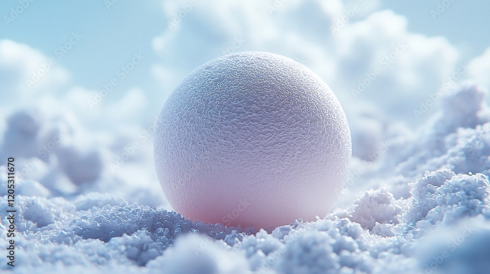 Poster white sphere resting on snowy surface against a cloudy sky.