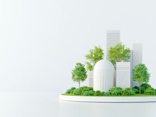 A miniature urban landscape featuring white buildings and lush greenery, symbolizing sustainable city design.