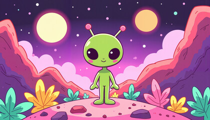 Naklejka premium Friendly alien standing on vibrant rocky planet under glowing moons, sci-fi dreamscape