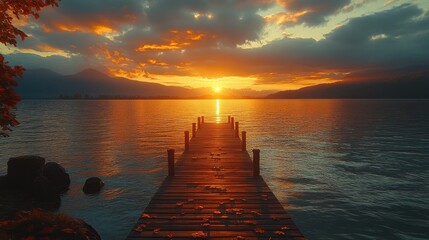 Autumn sunset pier lake mountains calm