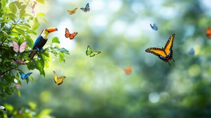 tropical biodiversity conservation, a lively tropical rainforest with diverse wildlife, a toucan, jaguar, and butterflies represents biodiversity for world wildlife day