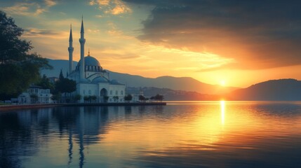 Obraz premium Majestic Mosque Sunset Lakeside Scenic Beauty