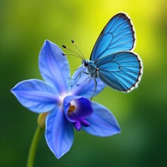 Delicate blue butterfly perches on a vibrant blue orchid , garden, orchid, blue butterfly