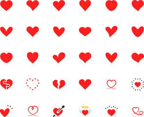 Vector set of heart color flat icons. Pixel perfect.