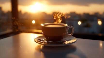 Obraz premium Sunrise Coffee: A Warm Cup at Dawn
