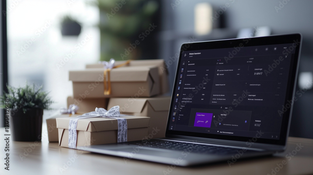 Poster a side-angle view of a laptop displaying a well-organized dropshipping interface, a gift box in fron