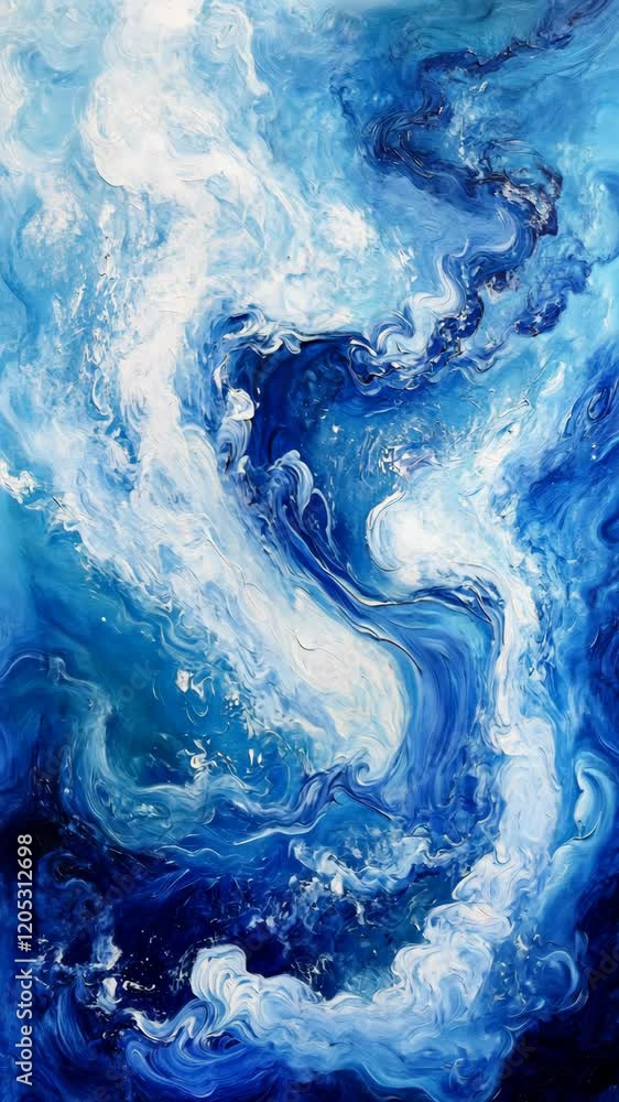 Poster abstract artwork depicting swirling blue and white patterns resembling ocean waves in a vibrant and 