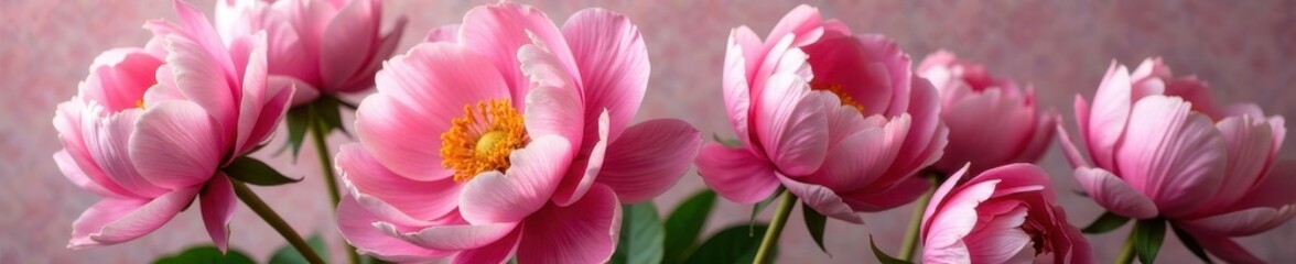 Fototapeta premium Exquisite pink peony bunch with long stem roses, loose floral arrangement, rose stems, garden flowers