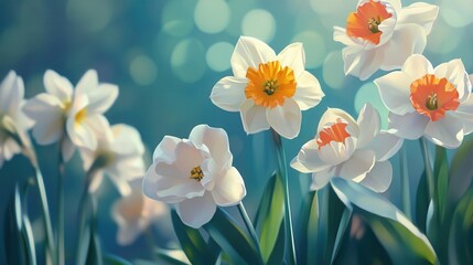 Fototapeta premium Colorful Spring Flowers on Teal Background