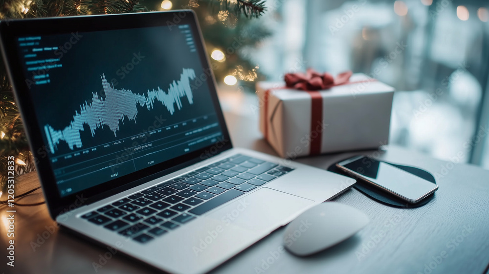 Poster a detailed image of a laptop with analytic graphs related to dropshipping, a gift box resting near a