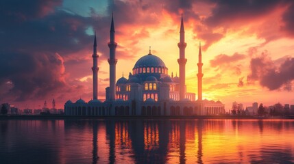 Fototapeta premium Majestic Mosque Sunset Scenic Cityscape Reflection